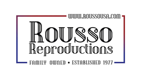Rousso Reproductions logo, family owned, established 1977 with website www.roussousa.com
