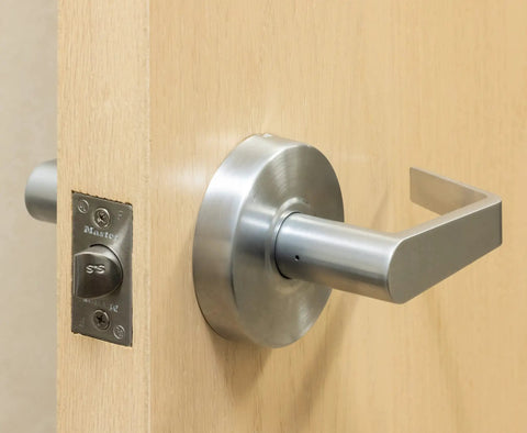 Heavy Duty Lever Style Passage Door Lock Grade Two With Brushed Chrome Finish Two And Three Quarters Inch Backset Cylindrical Construction