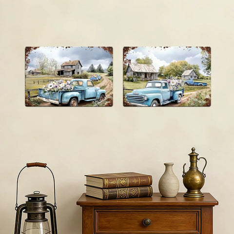 Vintage Blue Farm Truck Metal Tin Sign Rustic Country Farmhouse Wall Decor Floral Old Pickup Scene Retro Plaque For Garage Barn Decor 12x8 Inch Garden Style on wall above bookshelf
