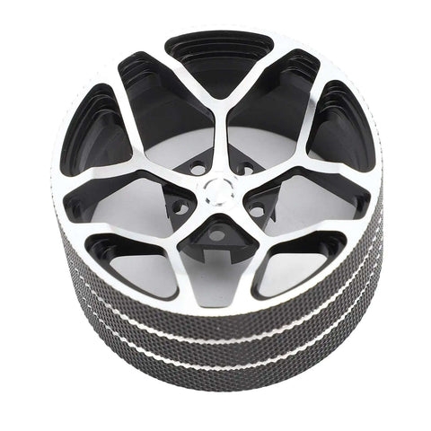 Top view of Beefed-Up Metal Transmitter Hand Wheel For RC Steering, Durable Aluminum Upgrade, with high-strength black wheel and grip