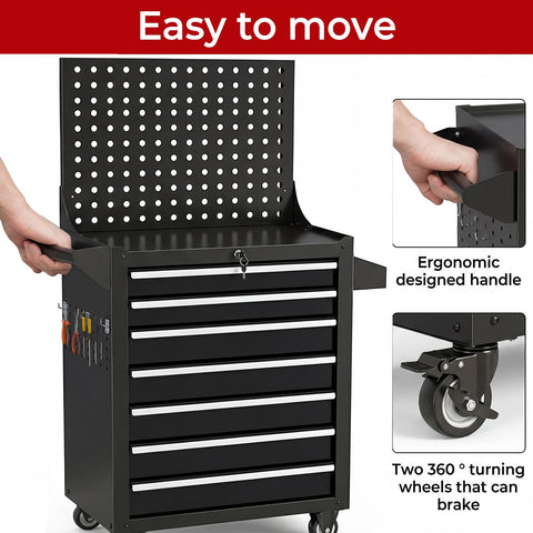 Rolling Tool Chest With Wheels For Garage Or Workshop, 7 Drawers Metal Tool Box With Pegboard, Heavy Duty Steel Construction