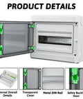 12 Way Waterproof Power Distribution Box Built Like a Tank With Cold Rolled Steel Plate And Embedded Brass Nuts Heavy Duty Din Rail Enclosure For Indoor Outdoor Wiring with transparent cover and open door.