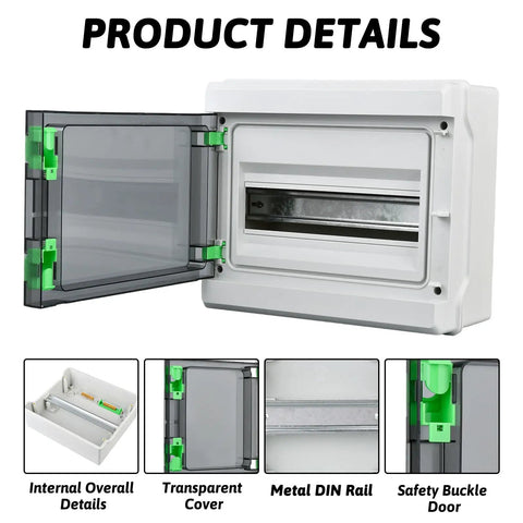 12 Way Waterproof Power Distribution Box Built Like a Tank With Cold Rolled Steel Plate And Embedded Brass Nuts Heavy Duty Din Rail Enclosure For Indoor Outdoor Wiring with transparent cover and open door.