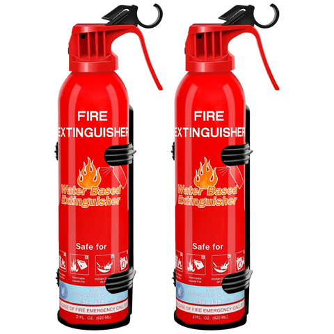 2 Pack 8 In 1 Water Based Portable Fire Extinguishers For Home Car Boat Marine Kitchen And Emergency Gear All In One A B C K Class With Mount All Weather Built For Extreme Temperatures Must Have And Easy Quick Spray, featuring red canisters with nozzles and emergency instructions.