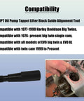 Tool set for Big Twins 1977-1990 and Twin Cam engines 1999-present shown with compatibility chart and installation example.