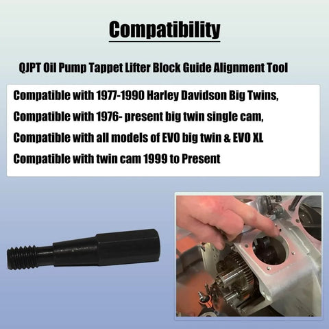 Tool set for Big Twins 1977-1990 and Twin Cam engines 1999-present shown with compatibility chart and installation example.