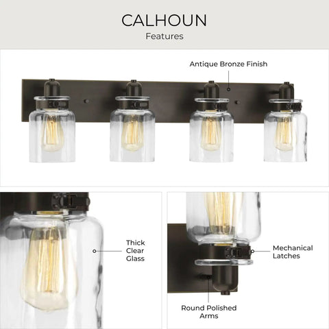 Vintage Farmhouse Bath Vanity Light With Clear Glass Shades, 4 Light Antique Bronze Finish for bathroom remodel.