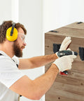 Person installing 4 Pack Black Toggle Hasp Latch Hardware With Screws on a wooden box using a drill, wearing safety gear.