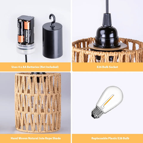 Totally Cordless Boho Rattan Battery Chandelier With A Super Chill Warm White Glow, Handwoven Hanging Pendant Light For Decks Patios Gazebos Or Cozy Indoors, Works Great On 4Aa Batteries Set Of Two, showing battery compartment and bulb socket.