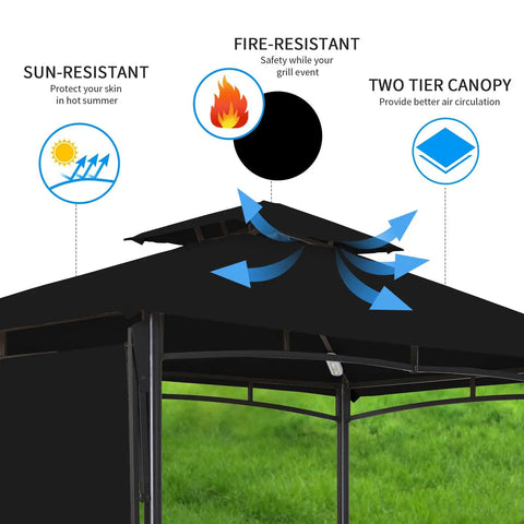 5x8 Grill Gazebo With Extra Shade Awning Party Ready Vibe All Weather Steel Frame Double Tier Canopy Roof features