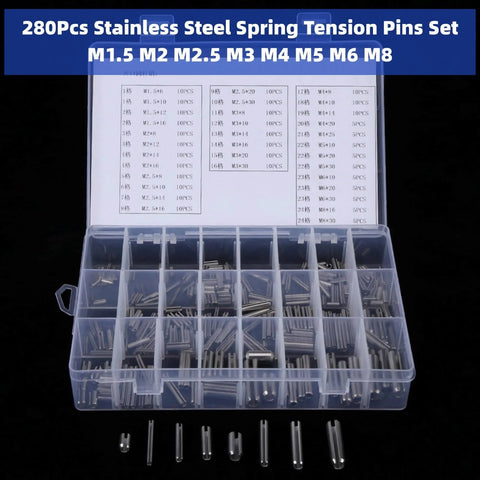 Heavy Duty 280Pcs Stainless Steel Roll Pin Set With Slotted Pins Assortment Kit M1.5 To M8 in plastic box, product front view