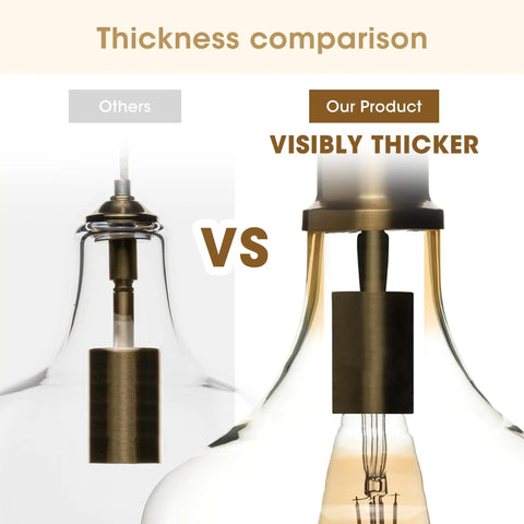 Thickness comparison of Hand Blown Glass Bell Pendant Light in Gold and Clear, Industrial Farmhouse Style, 9 Inch Shade shown right.