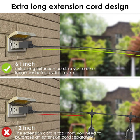 Comparison of 61-inch and 12-inch extension cords with outdoor string lights setup, featuring 48 Ft Outdoor String Lights With 15 Warm White LED Bulbs, Weatherproof Commercial Grade Vintage Style Patio Lights For Decks, Backyards, Gazebos, Gardens And Ultimate Party Vibes.