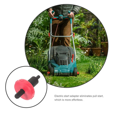 Person using Push Button Start Electric Engine Drill Bit Adapter 8mm Hex Quick Start For Lawn Mower Leaf Blower And String Trimmer Cordless Power Attachment Tool No More Pulls with lawn mower