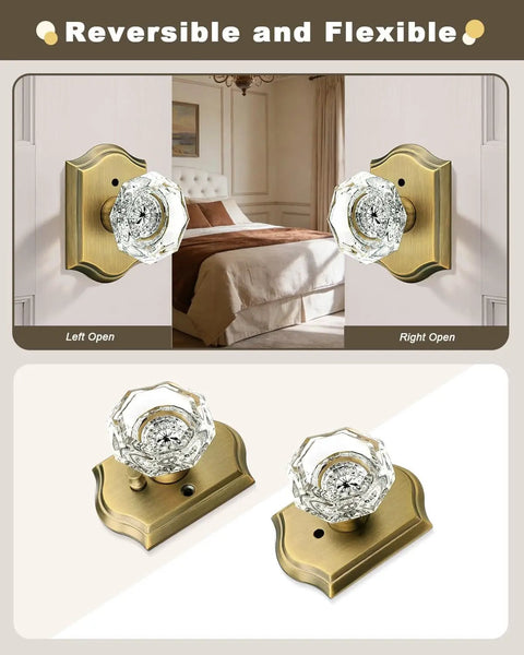 Clear Glass Diamond Door Knob Set With Privacy Lock In Antique Brass Finish, installed on bedroom door with antique brass rosette