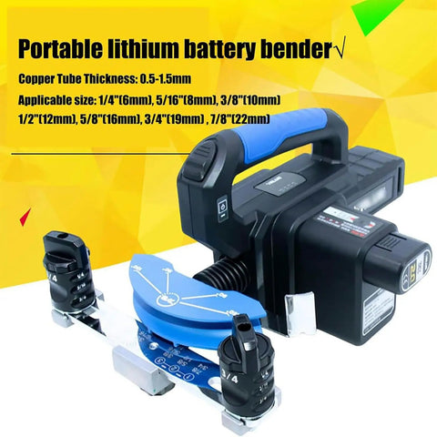 Quick Draw Rechargeable Tube Bender For Soft Copper And Aluminum Pipe 6 To 22Mm One Hand Wireless Electric Bending Tool No Sweat HVAC Duct Workhorse with blue and black portable design.