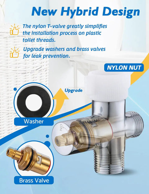 Close-up of toilet bidet sprayer kit hybrid T-valve with nylon nut and brass valve, showcasing easy install leak-free upgrade.