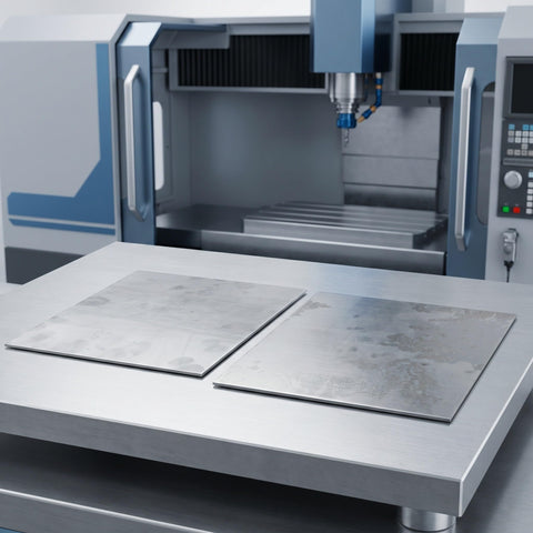 Top Shelf Stainless Steel Square Sheets 2 Pack 15X15X0.08Cm on a milling machine table for precision cuts.