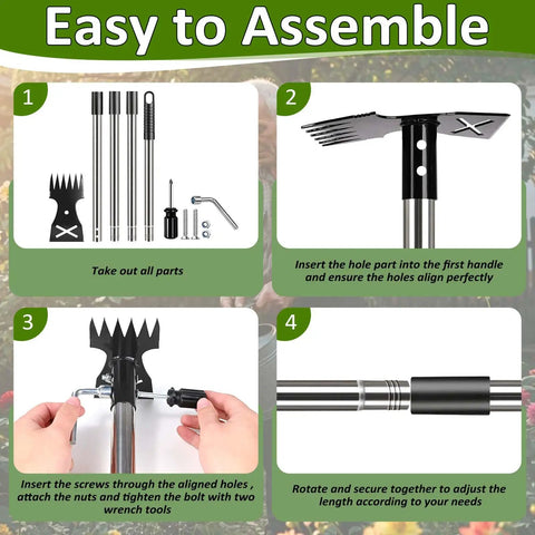 Assembly steps for 2 In 1 Weed Remover Tool With Long Handle, showing parts alignment and handle adjustments