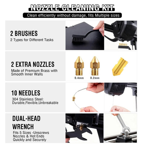 52 Piece 3D Printer Tools Kit For FDM And SLA Printers With Deburring Tool Nozzles, dual-head wrench, and needle set