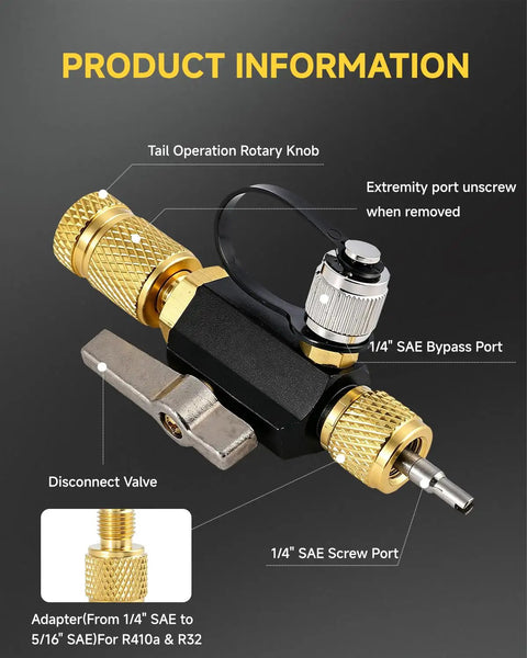 All-In-One 1/4 And 5/16 Inch Dual Valve Core Removal Tool Kit with labeled parts and brass fittings.