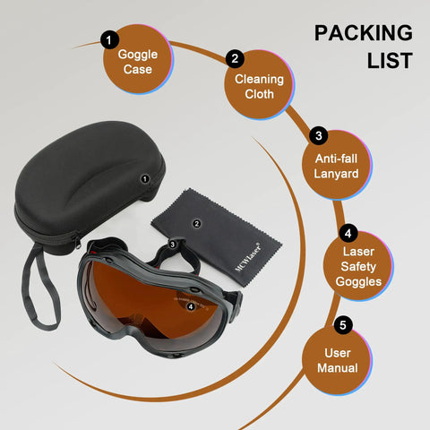 Laser Safety Goggles OD5Plus Eye Protection For 190 To 540 Nm And 800 To 1700 Nm with case, cloth, lanyard, and manual