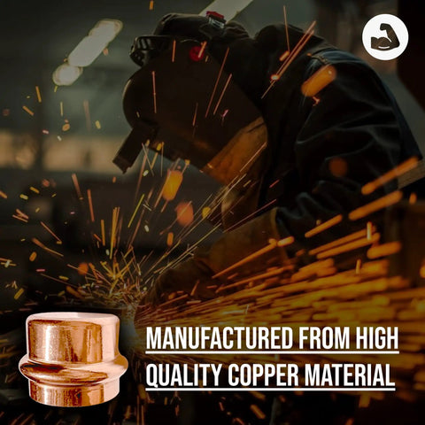 ProPress Copper Stop End Cap Fittings Pack of Ten One Half Inch Zero Lead Copper Caps with sparks and welder background