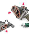 Go To Solenoid Gasket Kit For Honda And Acura Engines Including Civic Integra Prelude D15 D16Z6 B16 B18 H22 Replacement For The Spool Valve Assembly With Upper And Lower Gaskets, including components with red arrows pointing to gasket placement.