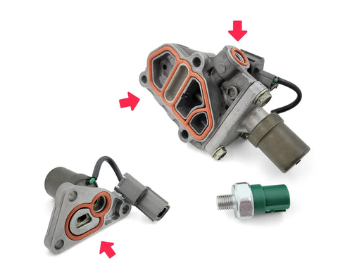 Go To Solenoid Gasket Kit For Honda And Acura Engines Including Civic Integra Prelude D15 D16Z6 B16 B18 H22 Replacement For The Spool Valve Assembly With Upper And Lower Gaskets, including components with red arrows pointing to gasket placement.
