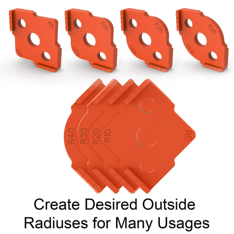 Top Shelf Eight Piece Router Template Kit For Smooth Radius Rounding And Flawless Corner Profiles Heavy Duty Abs Pc Woodshop Jigs showing various radius templates.