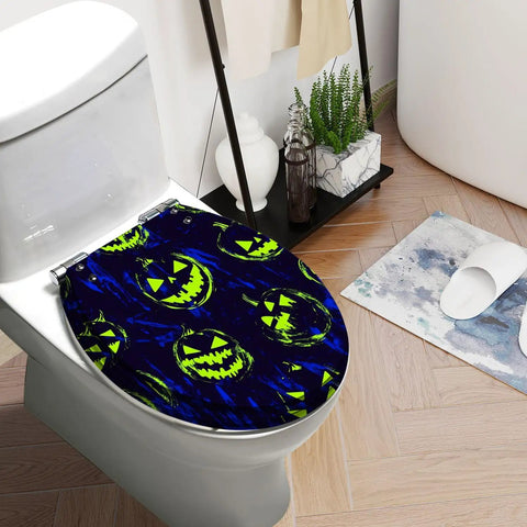 Round Resin Toilet Seat for Bathroom featuring pumpkin designs on a colorful background, 16.5 inches for standard toilets.