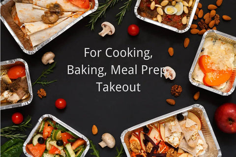 Disposable Aluminum Pans With Lids 50 Pack filled with meals, herbs, and vegetables for baking, meal prep, and takeout.