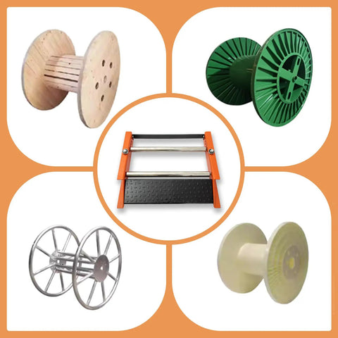 Heavy Duty Cable Roller Stand With 28-Inch Reel Capacity and various reel types in background