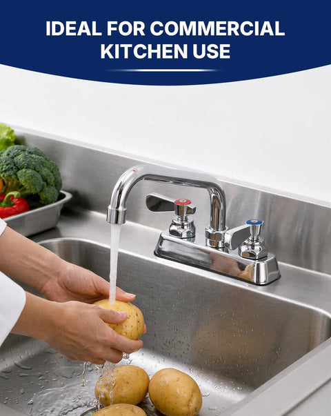 Lead-Free 4 Inch Deck Mount Commercial Kitchen Sink Faucet 8" Swivel Spout washing potatoes in stainless steel sink