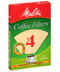 Box of No. 4 Melitta Coffee Filters with flavor enhancing micro-perforations and cone image for 8-12 cup brewers.