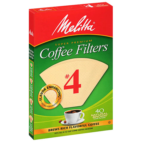 Box of No. 4 Melitta Coffee Filters with flavor enhancing micro-perforations and cone image for 8-12 cup brewers.