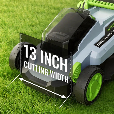 Cordless 13 Inch Lawn Mower With 40V Battery, Walk Behind Electric Lawn Tool For Small Yards, Gardens And Patios, 5 Height Adjustable Cutting Deck From 25mm To 75mm, Lightweight, Easy Start, No Gas, 13-inch cutting width on grass
