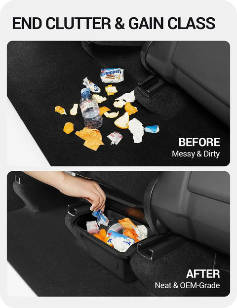 Before and after of Tesla Model Y Juniper Rear Center Console Organizer With TPE Dustproof Trash Can And Anti Slip Lid Custom Fit 2025 2026
