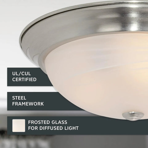 Reedley Two-Light Flush Mount Ceiling Light 13-Inch Fixture With White Alabaster Glass And Satin Platinum Finish close-up