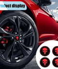 Level Up Your Ride Game With These Dope 4 Pack Skull Wheel Hub Center Caps Waterproof Metal Emblem Decals Weatherproof Rim Shields For Cars Trucks In Black And Red on black wheel with red accents.