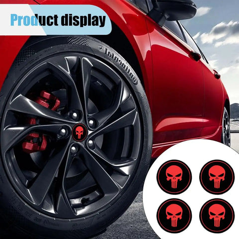 Level Up Your Ride Game With These Dope 4 Pack Skull Wheel Hub Center Caps Waterproof Metal Emblem Decals Weatherproof Rim Shields For Cars Trucks In Black And Red on black wheel with red accents.