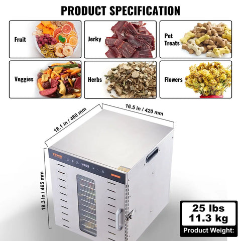 Big Time 1000W Electric Food Dehydrator With 10 Spacious Stainless Steel Trays And Easy Digital Controls image showing product specs and kitchen use.