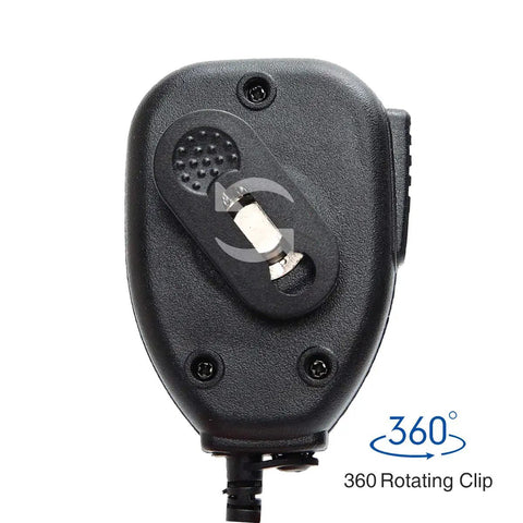 Back view of Rugged Ham Radio Speaker Microphone For UV Five R Walkie Talkies With 3.5mm Jack And 360 Degree Stainless Clip Works With BF F8HP UV 32 GM21 GM 15PRO UV Five G Plus AR 152 And More, showing 360-degree rotating clip