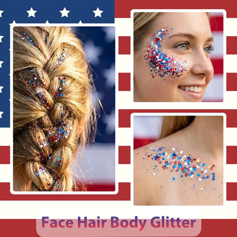 Patriotic Red White and Blue Glitter Stick for 4th of July Outfits used on hair, face, and shoulder with American flag background.