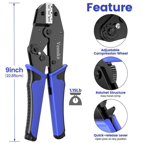 3 In 1 Wire Stripper Cutter And Crimping Tool For Heat Shrink Connectors And Insulated Terminals, Automatic Stripping For AWG 24 To 10 shown with features