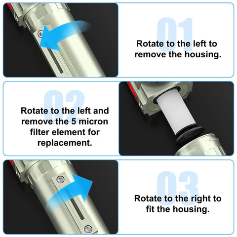 Steps to replace filter in Beefy Heavy Duty Industrial Air Filter With Auto Drain Moisture Separator Particulate Filter And Regulator 3/4 Inch NPT For Plasma Cutter And Paint Sprayer Pro Grade Performance