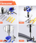 Step-by-step collage of WYSIWYKA 6pcs 304 stainless steel pipe supports with blue clamps for 38–40mm OD pipe (installation views).