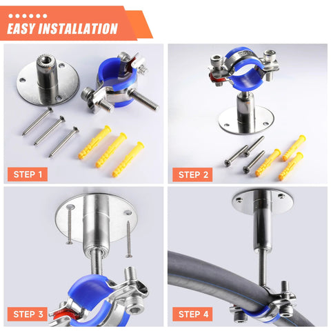Step-by-step collage of WYSIWYKA 6pcs 304 stainless steel pipe supports with blue clamps for 38–40mm OD pipe (installation views).