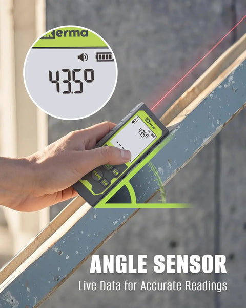 High Precision Laser Distance Meter With Angle Sensor Pro Grade DIY Friendly Tool 328 Feet Range 100 Meters in hand on angled beam
