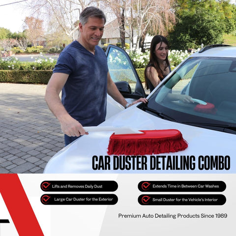 Man using All In One Car Duster Detailing Kit With Plastic Handle Includes Standard Duster And Mini Dash Duster Red Model 62445